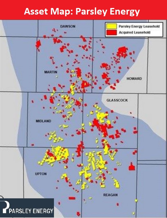 Parsley Energy, oil natural gas, acquisition, Martin, Howard, Midland, Glasscock, Reagan, Upton, County, West Texas, asset map