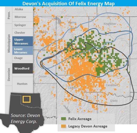 Devon, Energy, Stack, Felix, acquisition, map, Oklahoma