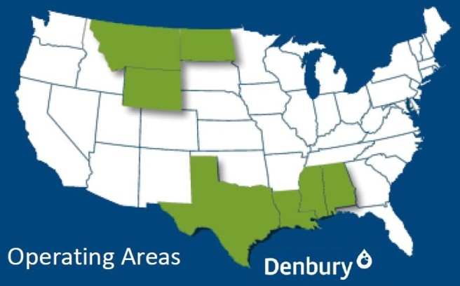 Denbury Resources, operating areas, map, North Dakota, Montana, Texas, Wyoming, Louisiana, Alabama, Mississippi