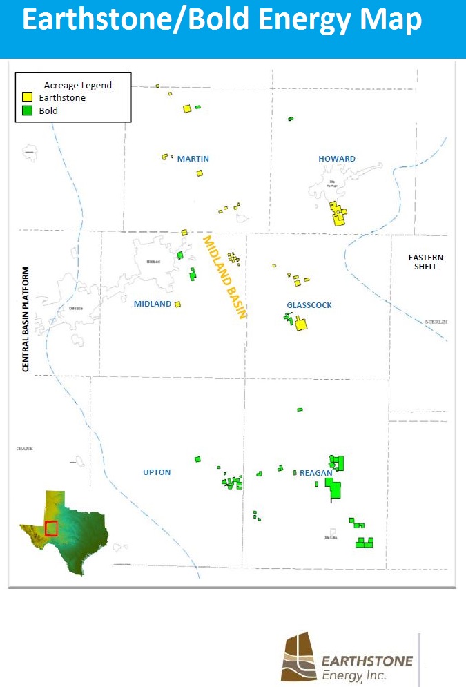 Earthstone Energy, Bold Energy, acreage, Midland Basin, Permian Basin, Texas, map
