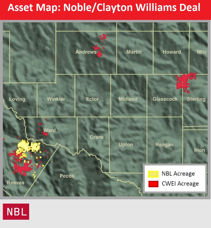 Noble Energy, Clayton Williams Energy, merger acquisition, Delaware Basin, Permian, West Texas, map
