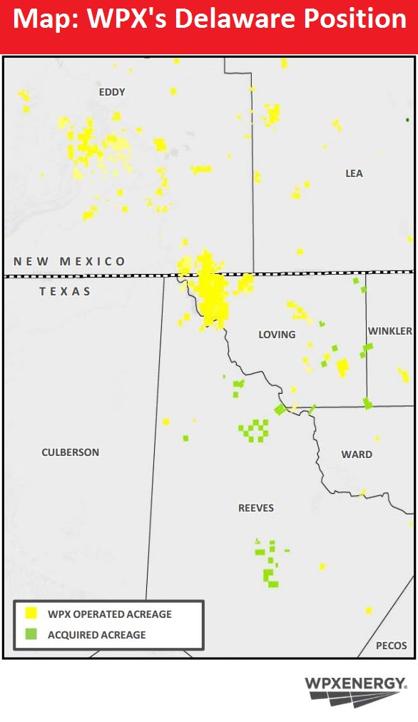 WPX Energy, Delaware Basin, bolt on acquisition, Permian, West Texas, map