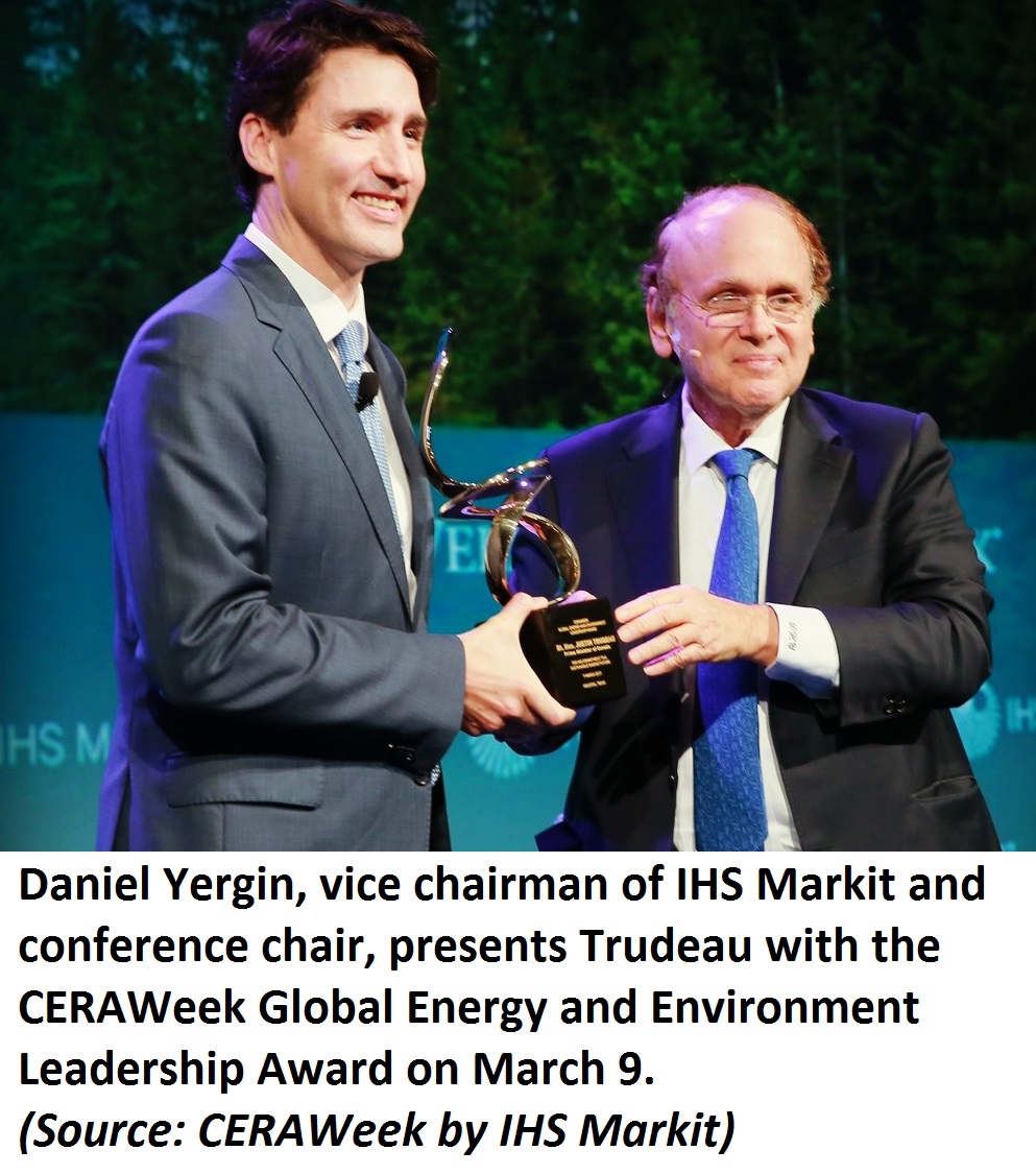 Daniel Yergin Presents Justin Trudeau With CERAWeek Global Energy and Environment Leadership Award