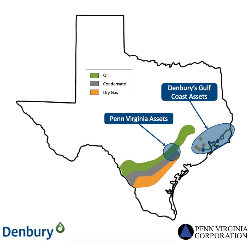 Denbury, Penn Virginia Combination Texas Asset Map (Source: Denbury Resources Inc./Penn Virginia Corp.)