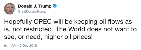Donald Trump urged allies not to cut oil production next year in a tweet on Dec. 5. (Source: Twitter)