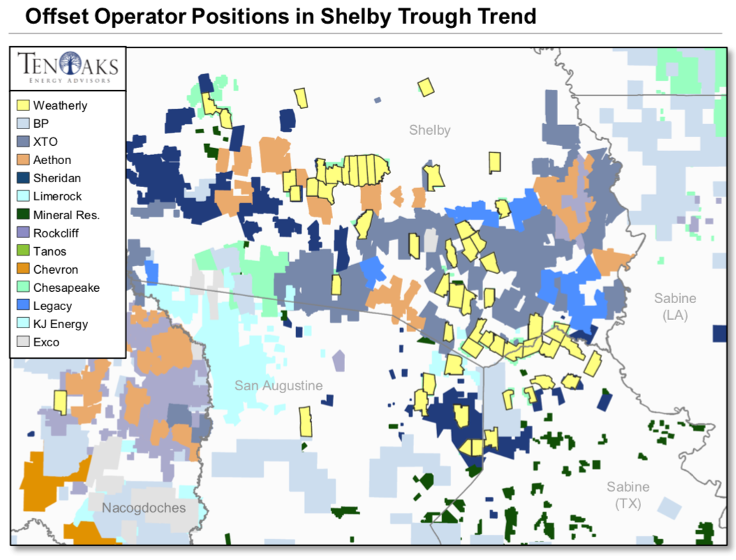 Weatherly Oil & Gas: Offset Operator Positions In Shelby Trough Trend (Source: TenOaks Energy Advisors LLC)