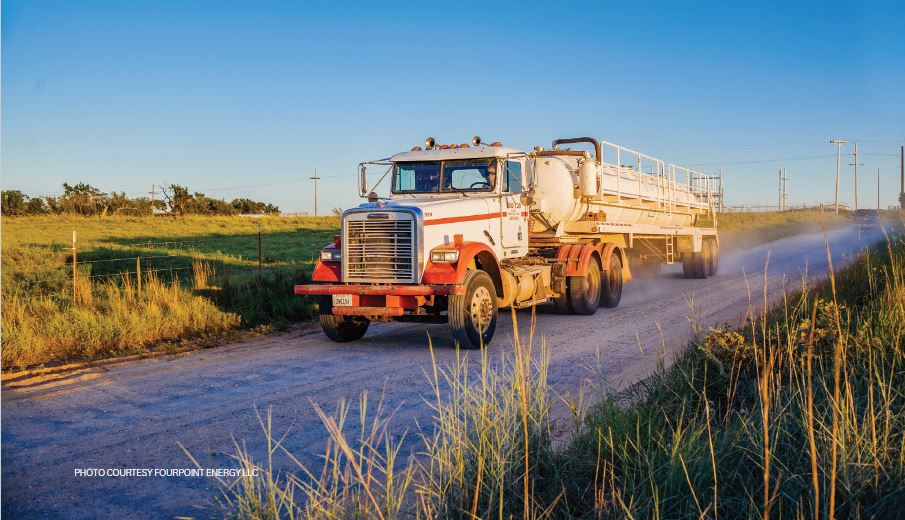 A truck travels to FourPoint’s Harris 4HB drill job in Wheeler County, Texas. FourPoint has more than 7,500 feet of hydrocarboncharged rock with more than 20 pay zones.