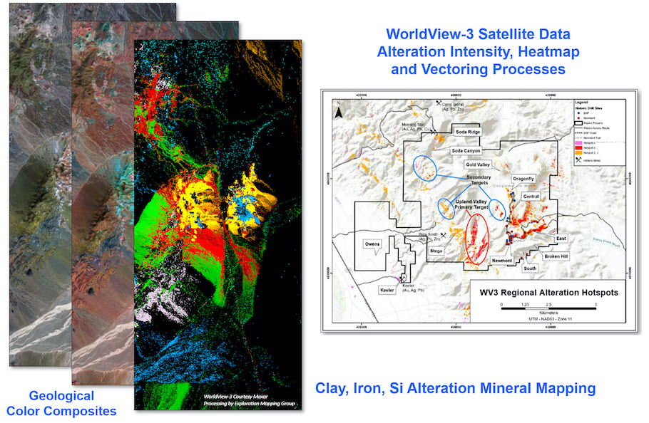 Alteration mineral mapping and hot spots targeting examples are shown using Maxar’s WorldView-3 satellite data processed by Exploration Mapping Group