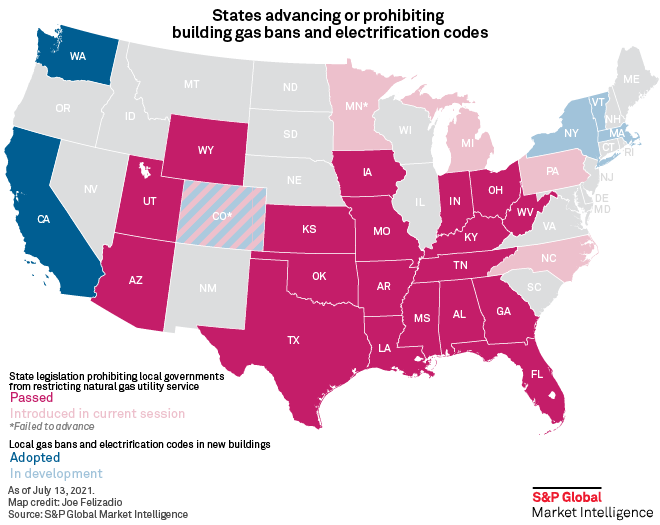 States Advancing or Prohibiting Building Gas Bans and Electrification Cods Map