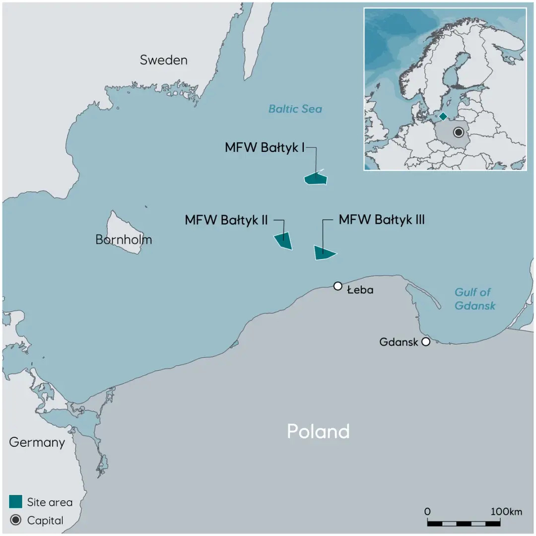 The locations of the three wind projects offshore Poland.