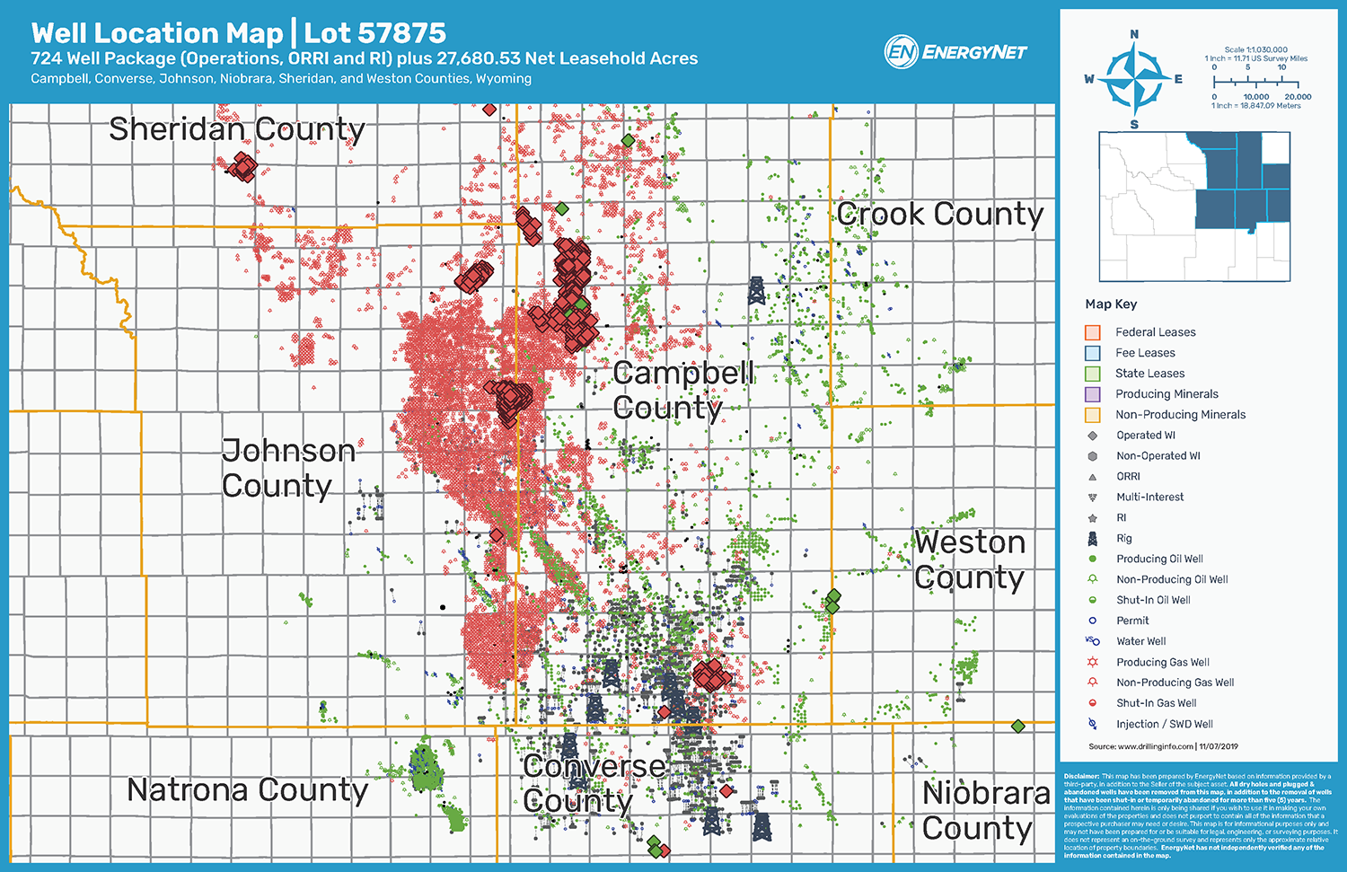 Bearcat Energy Wyoming Asset Map, Campbell, Converse, Johnson, Niobrara, Sheridan and Weston Counties (Source: EnergyNet)