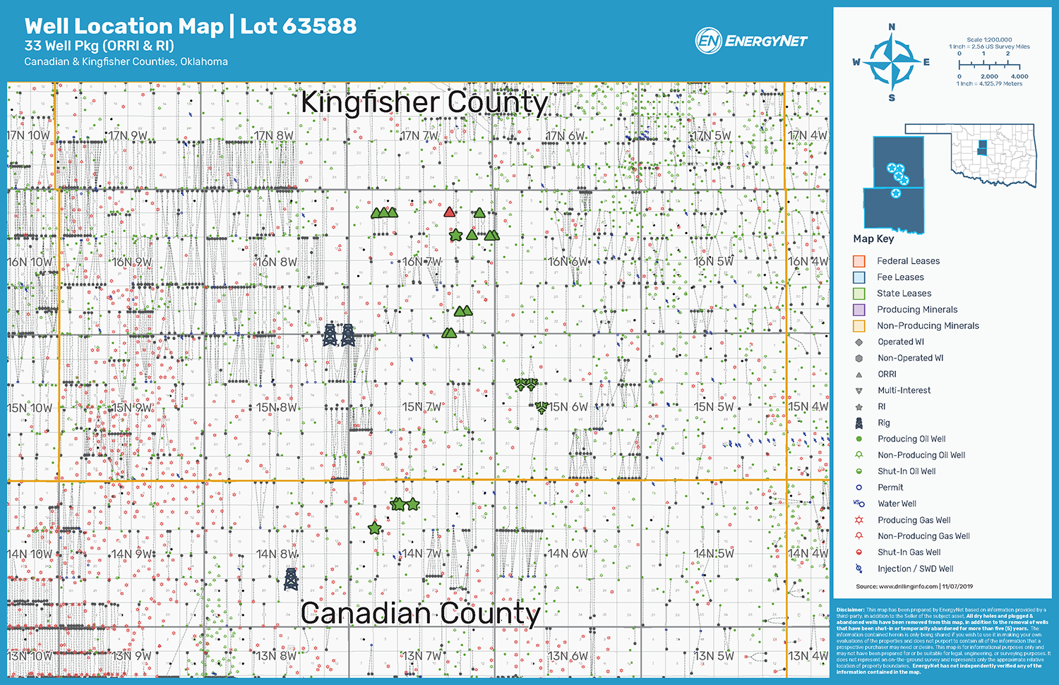 Boomer Minerals Oklahoma Royalty Package Asset Map,  Canadian and Kingfisher Counties (Source: EnergyNet)
