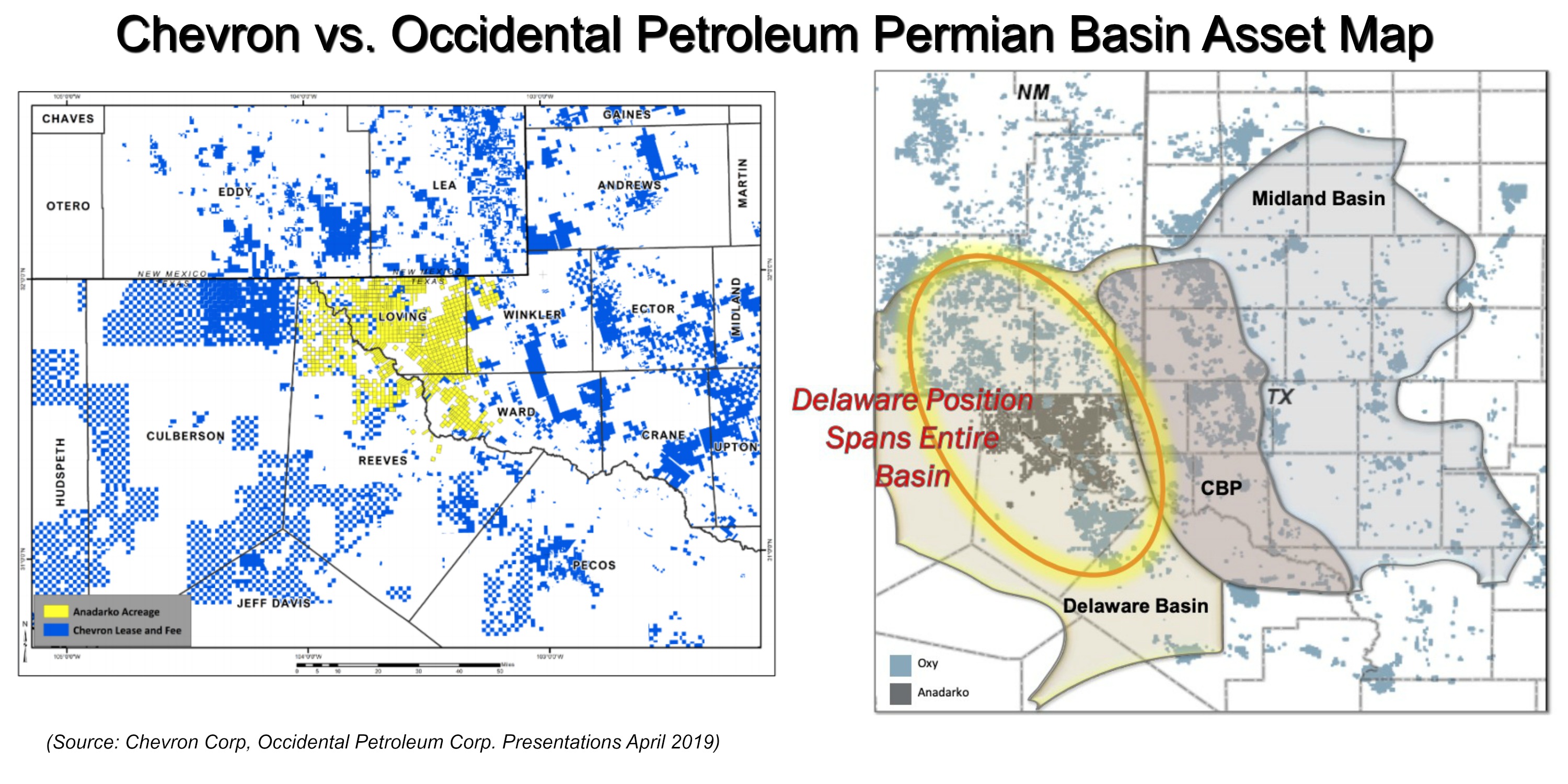 Chevron vs. Occidental Petroleum Permian Basin Asset Map (Source: Chevron Corp, Occidental Petroleum Corp. Presentations April 2019)