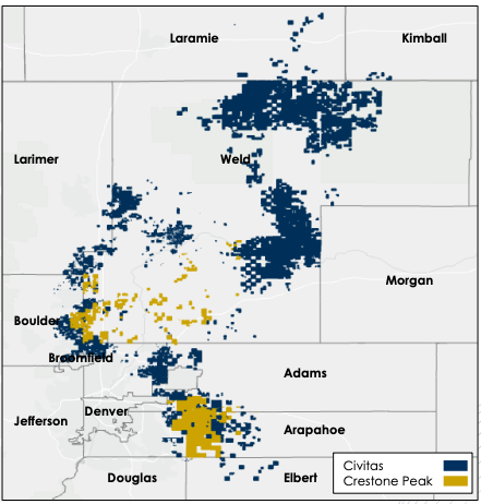 Civitas, Crestone Peake Energy Pro Forma D-J Basin Asset Map