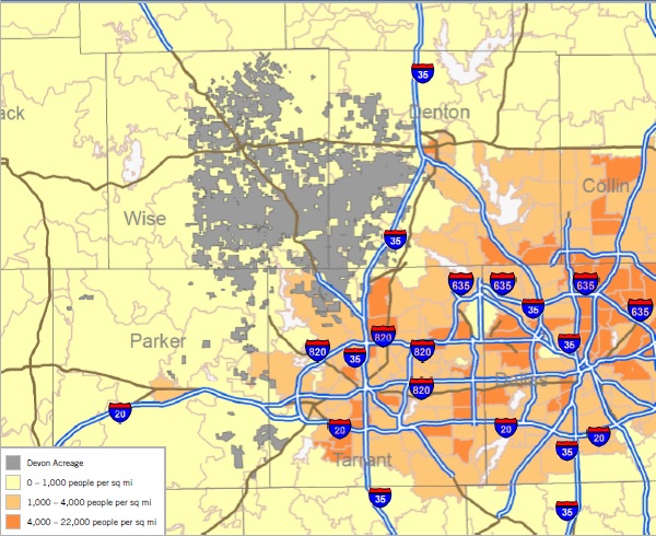 Devon Energy Barnett Shale Asset Map (Source: Kalnin Ventures LLC)