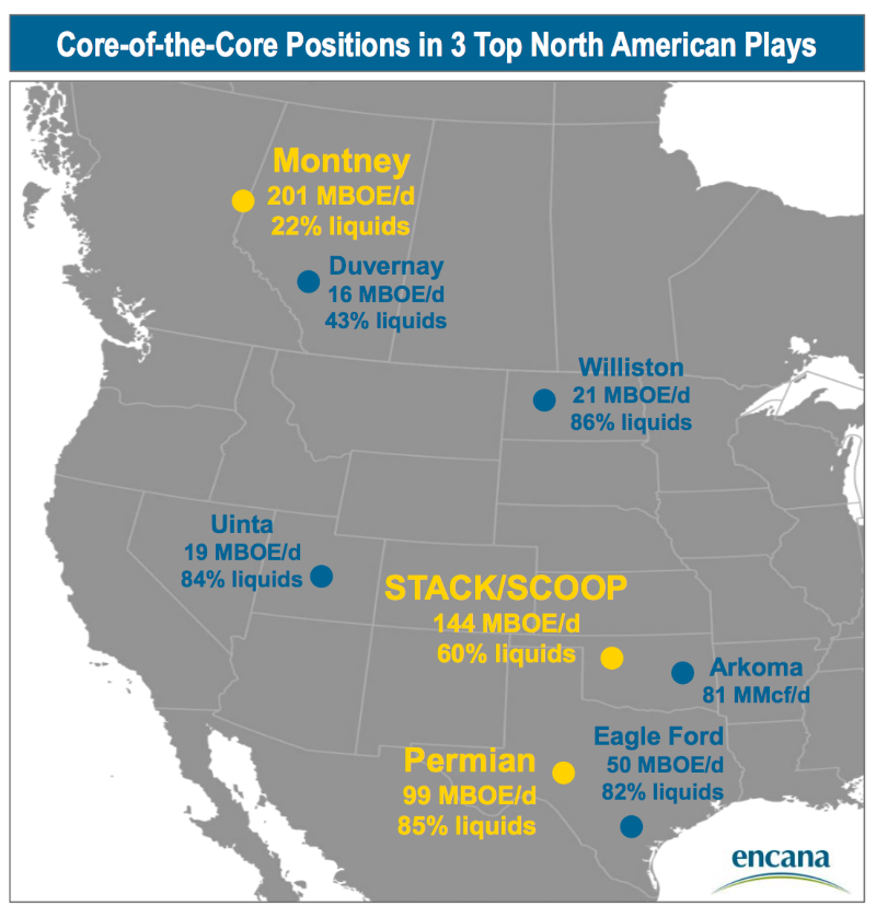 Encana purchase of Newfield included positions in the Anadarko Basin, Arkoma Basin, Uinta Basin and Williston Basin. (Source: Encana Corp. November 2018 Investor Presentation)