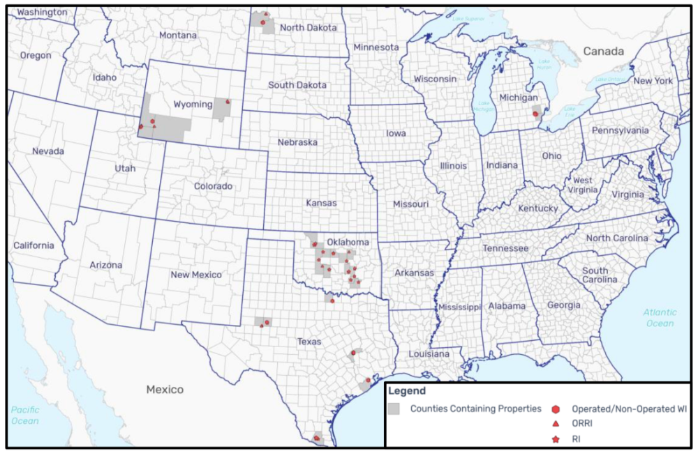 EnergyNet Marketed Map - Stephens Production Asset Package Across CO MI ND OK TX WY