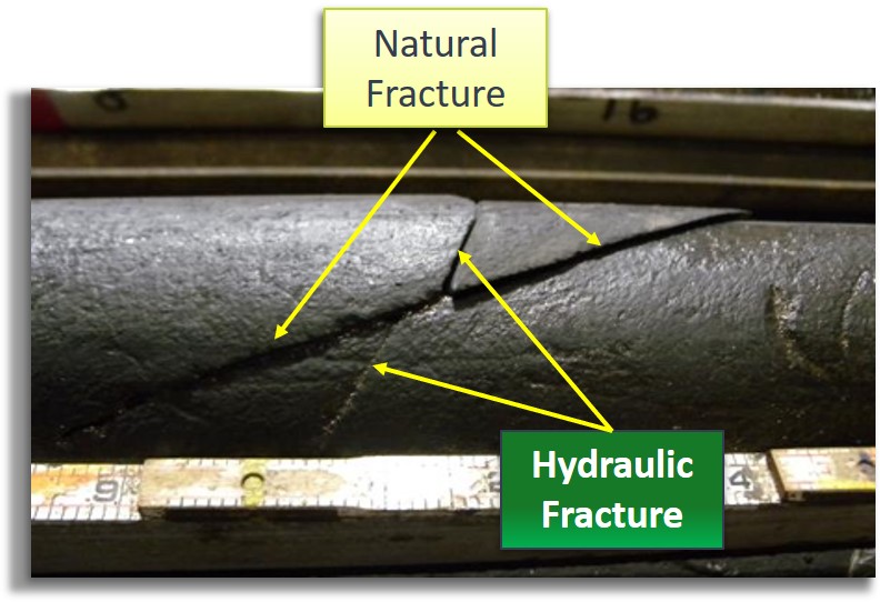 Core samples from HFTS 1 show unique distinctions between natural fractures and those produced via hydraulic fracturing. (Source: NETL)