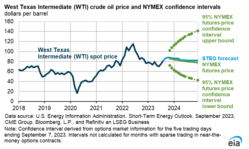 WTI crude oil price and NYMEX confidence intervals