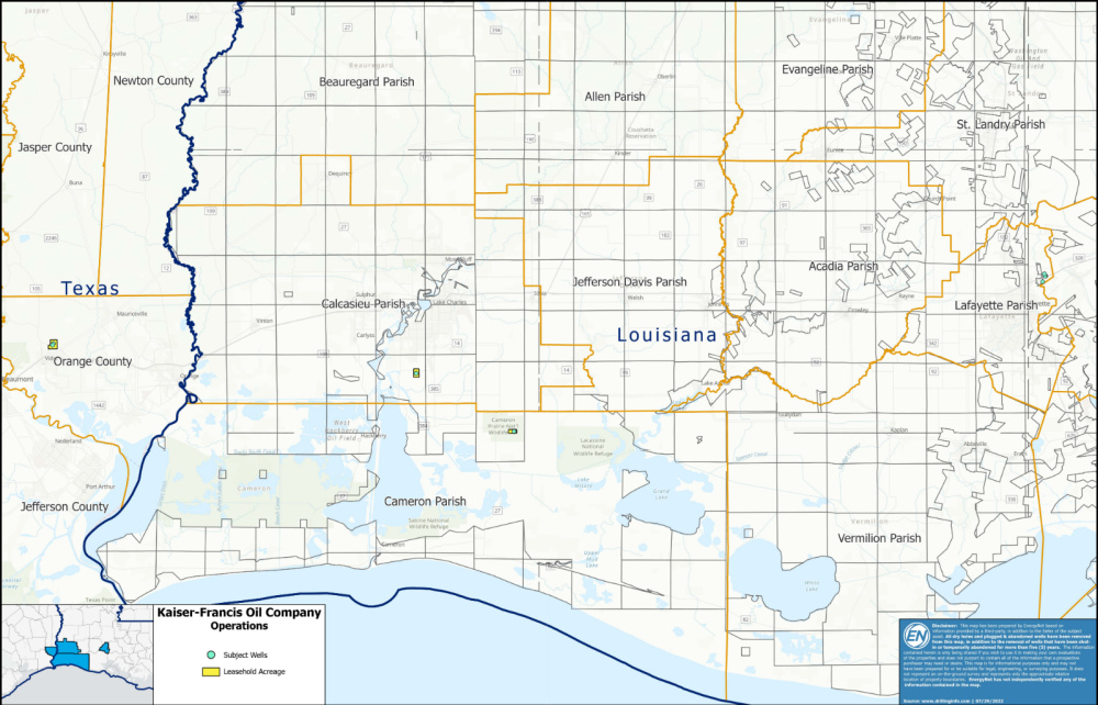 Hart Energy August 2022 - EnergyNet Marketed Map 1 - Kaiser-Francis Oil Louisiana Texas Operated Well Package