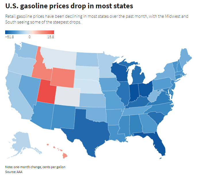 Hart Energy July 2022 - Reuters US Gasoline Prices Falling - Retail Gasoline Prices across US Map