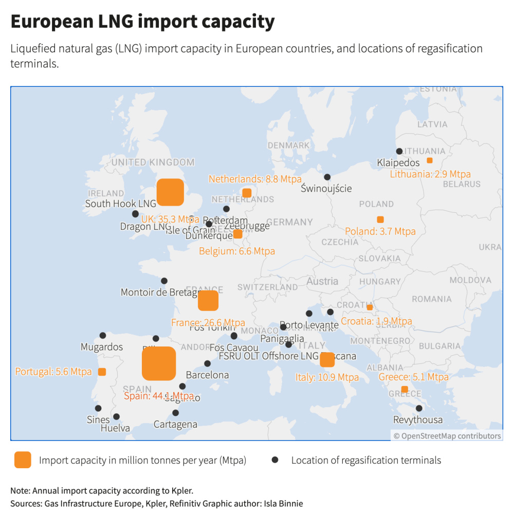 Hart-Energy-October-2022_LNG-ships-Europe-unable-to-unload_Reuters-European-LNG-Capacity-map