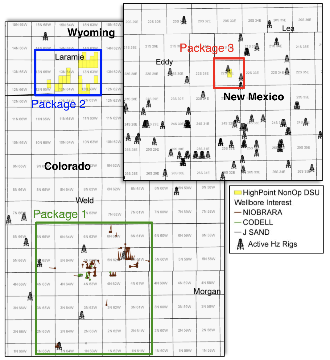 HighPoint Resources Nonoperated Permian, D-J Basin Asset Map (Source: Eagle River Energy Advisors LLC)