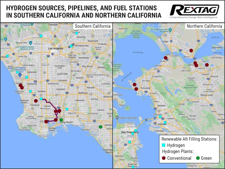 hydrogen sources, pipelines and fuel stations in California