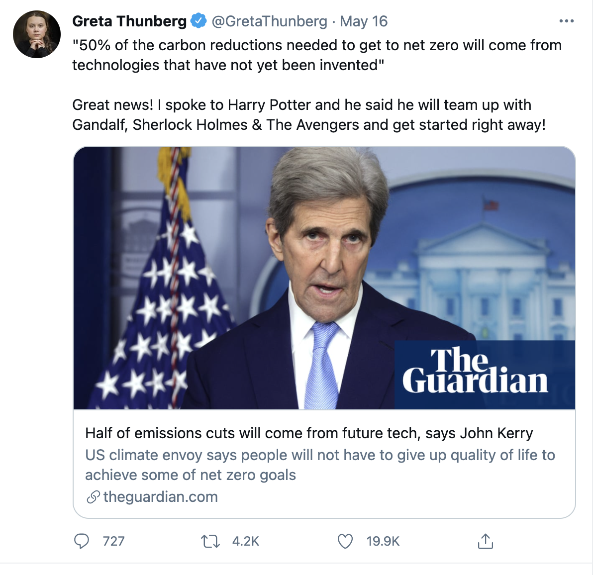 Activist Greta Thunberg expressed her displeasure at John Kerry on Twitter.