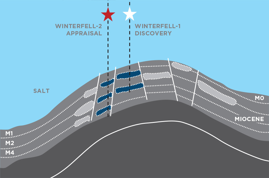 Cross-section of Winterfell-1 discovery well and Winterfell-2 appraisal well