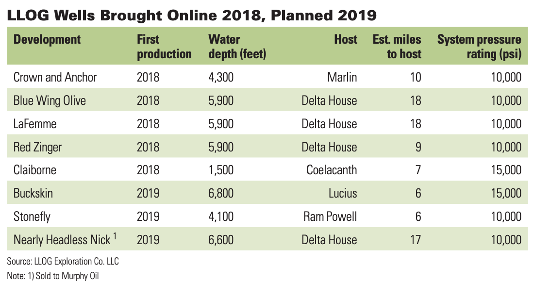 LLOG Wells Brought Online 2018, Planned 2019 (Source: LLOG Exploration Co. LLC)