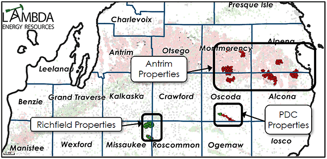 Lambda Energy Resources Michigan Production, Leasehold Map (Source: Meagher Energy Advisors)