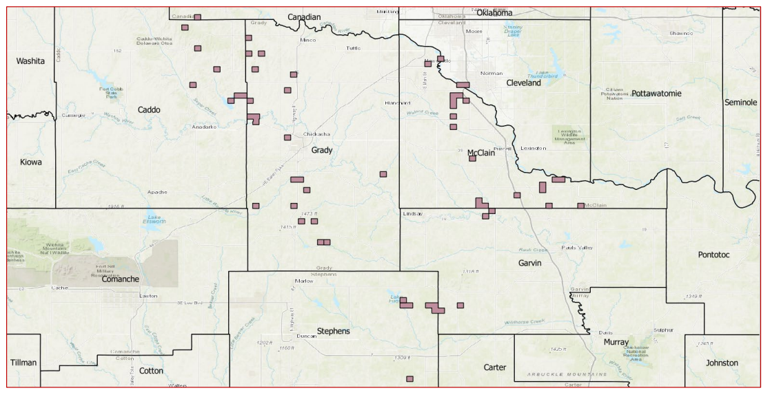 Lockmar Resources Scoop Leasehold Acreage Map - Grady, Caddo, McClain, Cleveland, Garvin and Stephens counties, Okla. (Source: Oil & Gas Asset Clearinghouse LLC)
