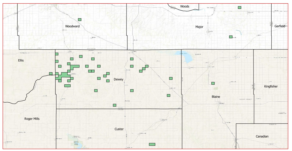 Lockmar Resources Stack Leasehold Acreage Map - Dewey, Custer, Blaine and Major counties, Okla. (Source: Oil & Gas Asset Clearinghouse LLC)