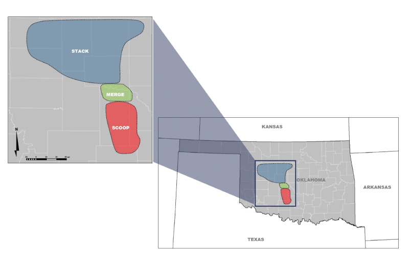 Map of Oklahoma's Stack, Scoop and Merge shale plays. (Source: Red Wolf Natural Resources LLC)