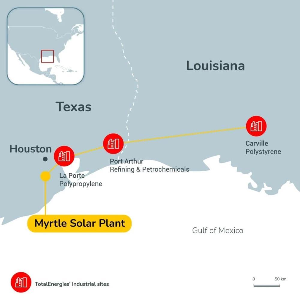 The Myrtle solar farm, located south of Houston, features 705,000 ground-mounted photovoltaic panels installed over an area equivalent to 1,800 American football fields. (Source: TotalEnergies)