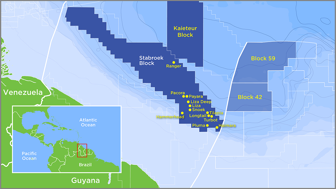 Discoveries offshore Guyana not including the recent Yellowtail-1 well. (Source: Hess Corp.)