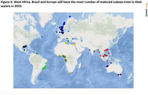 West Africa, Brazil, and Europe will have the most number of matured subsea tree waters in 2023.