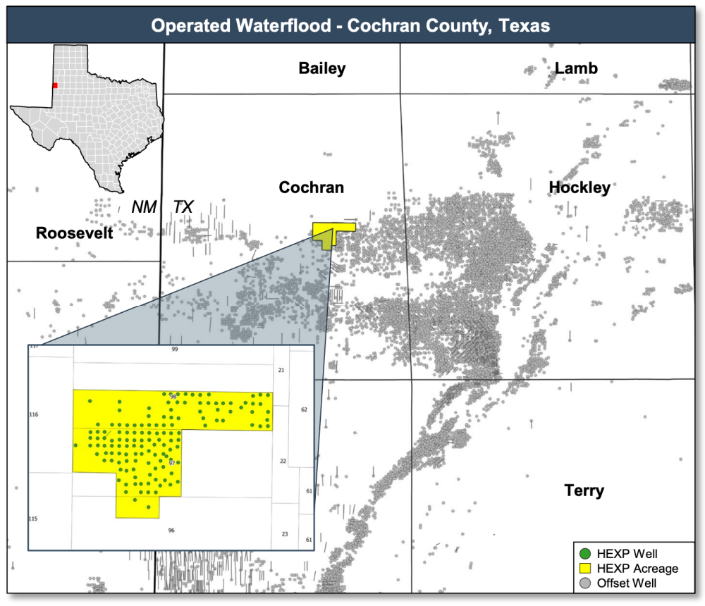 RedOaks Energy Advisors Marketed Map - HEXP Resources Operated Permian Waterflood Properties Cochran County Texas