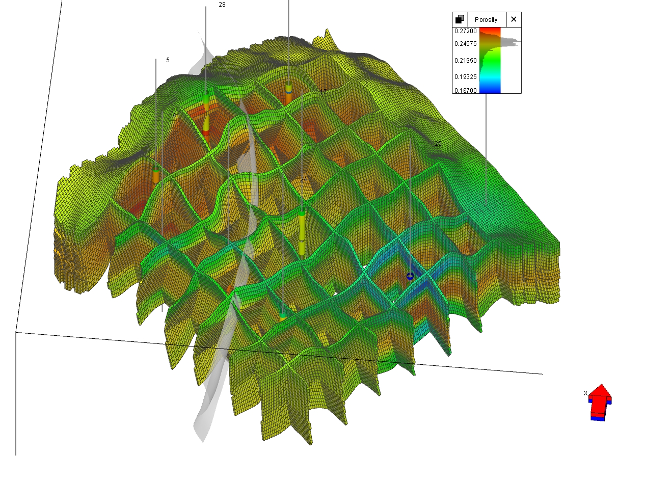 tNavigator shows a cutaway view of a porosity model that was generated using geostatistics. (Source: Rock Flow Dynamics)