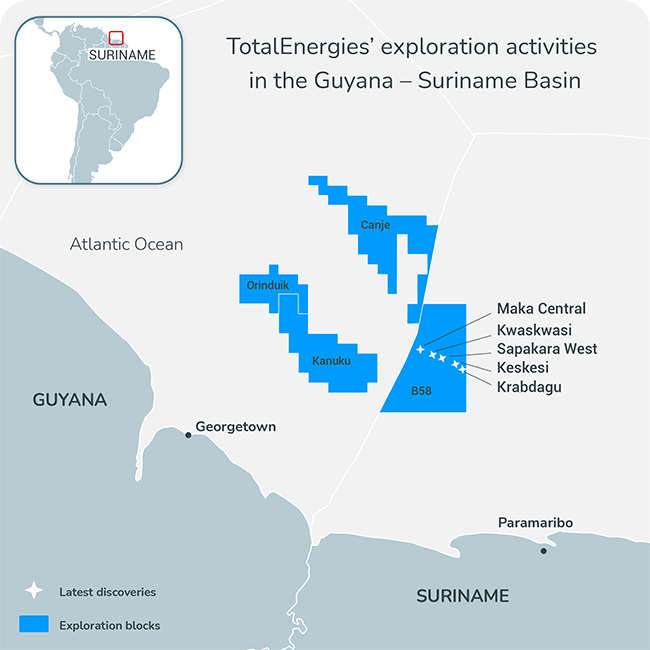 TotalEnergies Guyana - Suriname Basin Exploration Activities Map