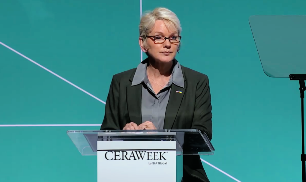 U.S. Energy Secretary Jennifer Granholm speaking at CERAWeek in Houston on March 9