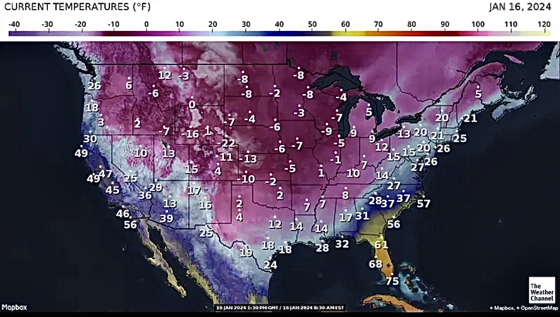 U.S. Temperatures, Jan. 16, 2024 (Source: The Weather Channel)