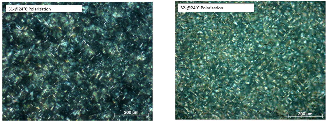 Without the additives, crystals isolate and form a 3D network. In contrast, with the polymer 5 (S2) crystallization is diminished, crystals are larger, more segregated and the sample is fluid. (Source: BYK)