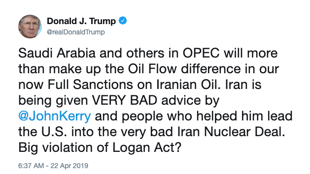 Tweet from U.S. President Donald Trump on April 22, 2019. (Source: Twitter)