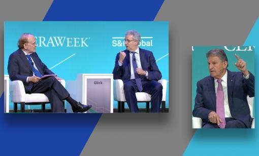 Left: Daniel Yergin, vice chairman of S&P Global, talks to FERC Chairman Richard Glick during the CERAWeek conference. Right: Sen. Joe Manchin (D-W.Va.) also spoke at the conference, saying the commission could do more to work with oil and gas companies on meeting regulatory requirements. (Source: CERAWeek by S&P Global)