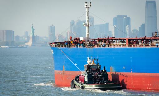 Hart Energy Oil and Gas Investor August 2022 Womble Bond Dickinson Op-ed Is the Jones Act Out of Time - Tanker ship entering New York City by Shutterstock Andres Virviescas
