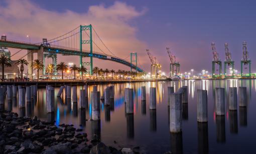The Vincent Thomas Bridge connecting Long Beach and San Pedro CA