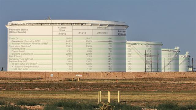 The U.S. Energy Information Administration’s crude oil inventory report is superimposed on storage tanks in the Midland Basin. (Source: Shutterstock, EIA)