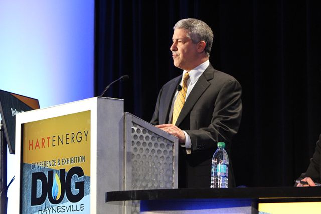 John Howie, president of Tellurian Production Inc., speaks to a crowd of approximately 1,000 industry professionals at DUG Haynesville In Shreveport, La. (Source: Mary Holcomb/Hart Energy)